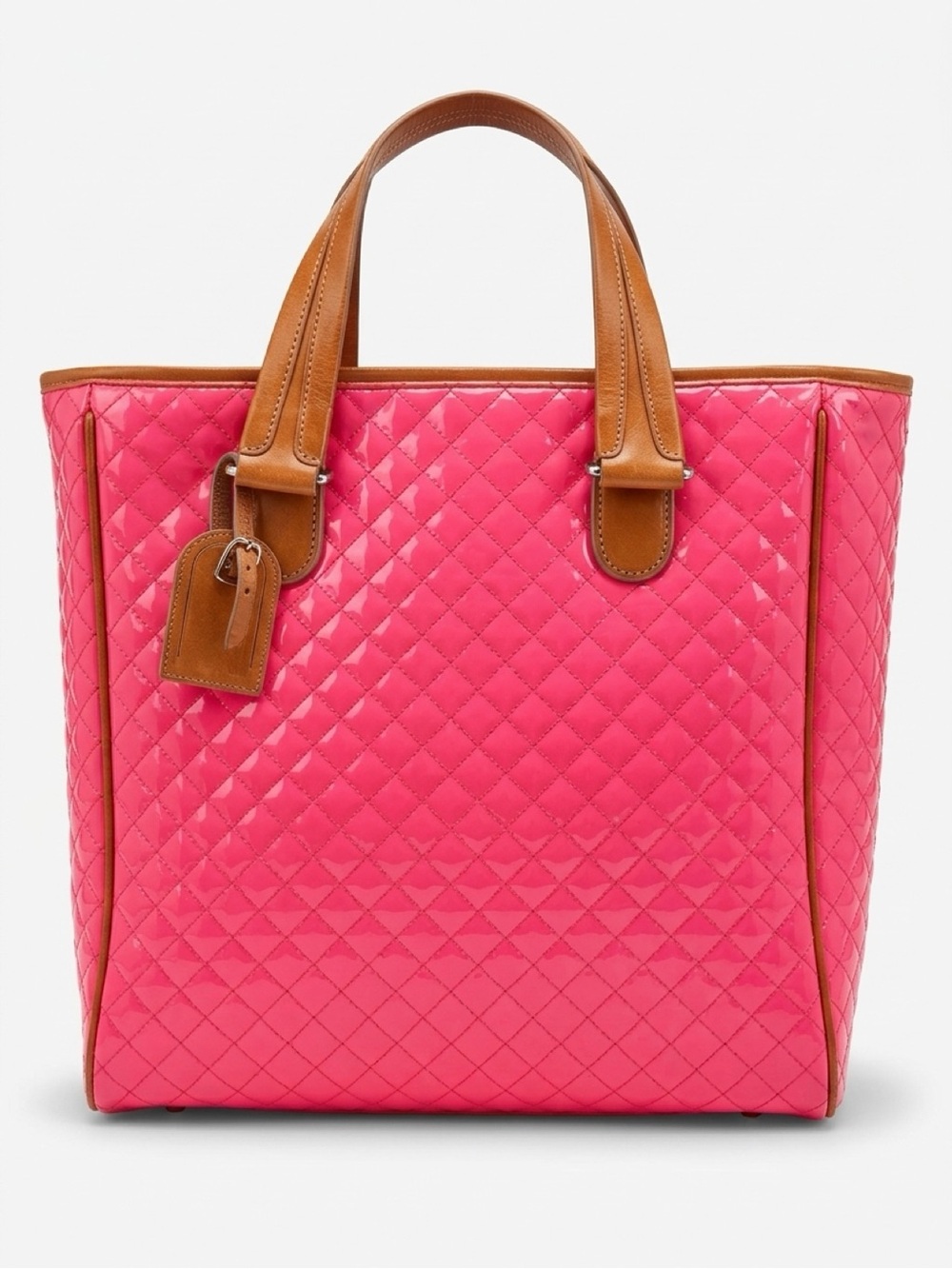 Consuela Quilted Hot Pink Tote with Brown Trim